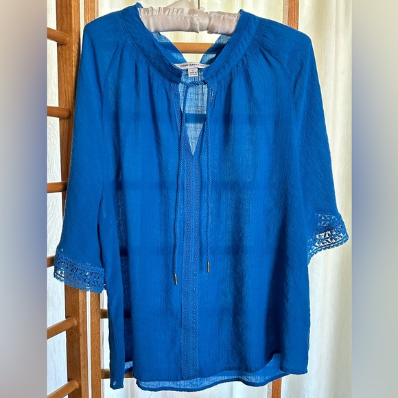 Counterparts Gauze Boho Top Bell Short Sleeve Floral Crochet Trim large - Picture 1 of 5